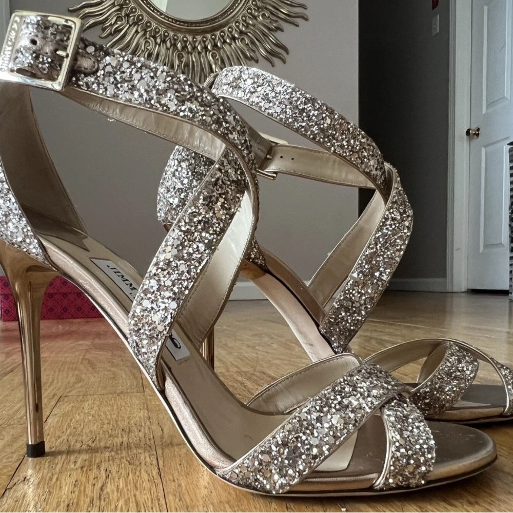 Jimmy Choo Lottie Gold Elegant Glitter Strappy Heels size 40